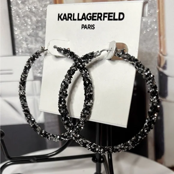 Karl Lagerfeld Sparkling Black Hoop Earrings NWT - Picture 3 of 5